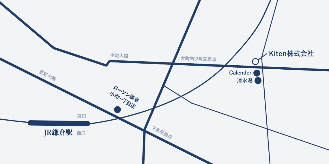 JR鎌倉駅東口より下馬交差点を曲がり、大町四ツ角交差点を右折、５分ほどまっすぐ進むと左手にkitenがあります